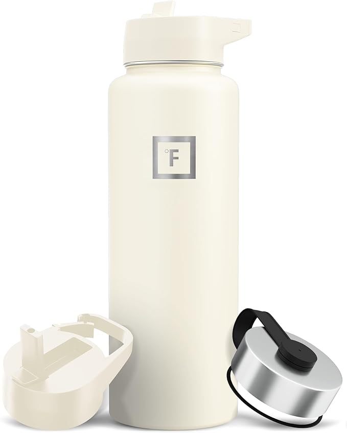 IRON °FLASK Camping & Hiking Hydration Flask with Straw, Wide Mouth Insulated Stainless Steel Sports Water Bottle - 40 oz Cashmere Cream