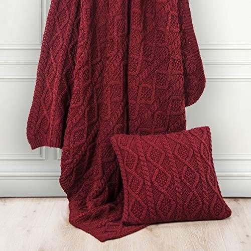 HiEnd Accents Cable Knit Wool Throw Pillow, 18x18 inch, Red Solid Color, Diamond Pattern, Sweater Style, Soft Cozy Luxury Decorative Pillow