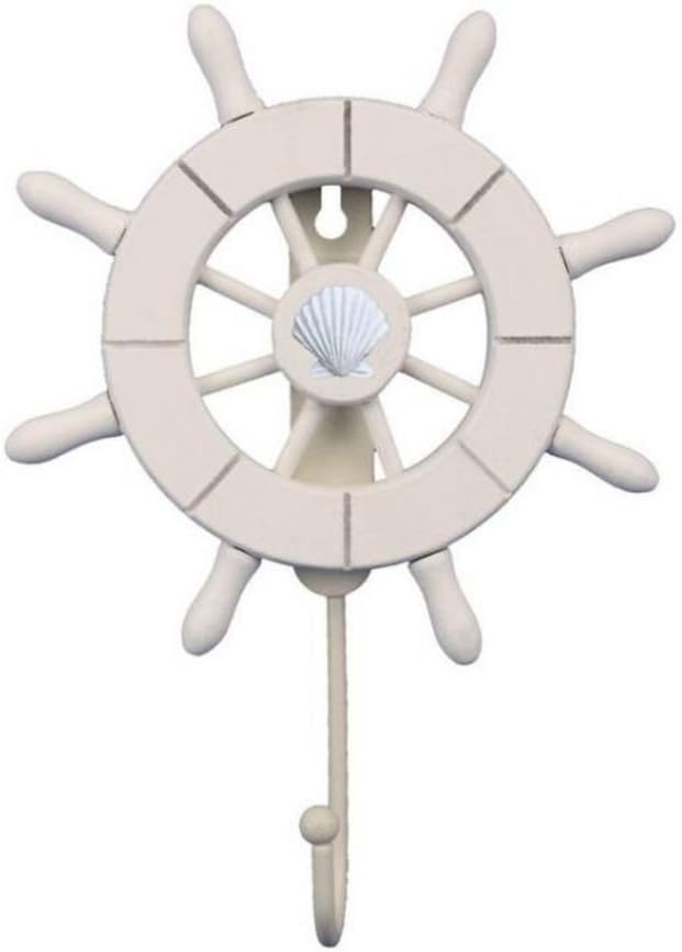 Handcrafted Nautical Decor White Decorative Ship Wheel with Seashell with Hook 6" - Wooden Ships Wheel - B