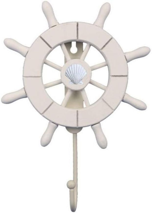 Handcrafted Nautical Decor White Decorative Ship Wheel with Seashell with Hook 6" - Wooden Ships Wheel - B