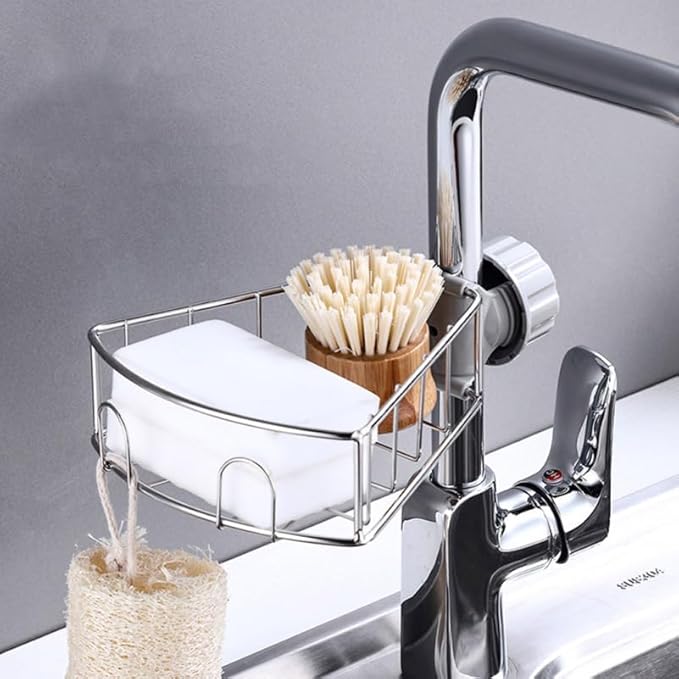 LABRIMP Stainless Steel Faucet Drain Rack Sponge Holder Soap Shelf for Kitchen Sink - Easy Installation Clamp Design for Organized Storage