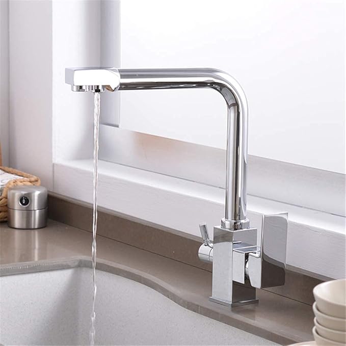 RajoNN 3-Way Kitchen Faucet Water Filter with 360° Swivel Aerator & Dual Handles - Chrome, Stylish Sink Mixer Tap for Clean Drinking Water, Easy Installation