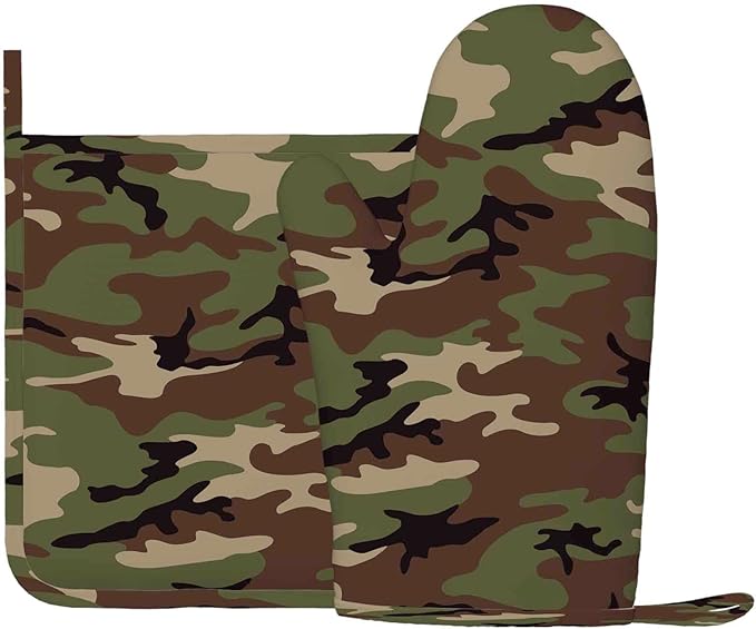 Mxocom Army Camouflage Oven Mitt and Pot Holder with Silicone Hunting Camo Green Hunter Heat Resistant Kitchen for Cooking BBQ Baking Grilling Spring/Summer