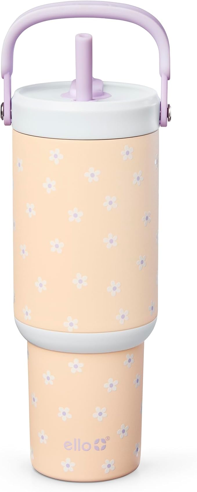 Ello Oasis Go+ 26oz Tumbler with Top Handle and Retracting Straw | Reusable Insulated Stainless Steel Cup, 100% Leakproof Water Bottle, 24 Hours Cold, Cup Holder Friendly For Travel | Daisies