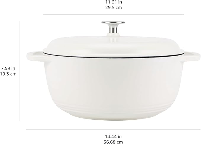 Amazon Basics Enameled Cast Iron Dutch Oven Pot with Lid, Round, Dual Handles, Heavy-Duty, Oven Safe for Stews, Roasting, Baking, 7.3-Quart, Matte White