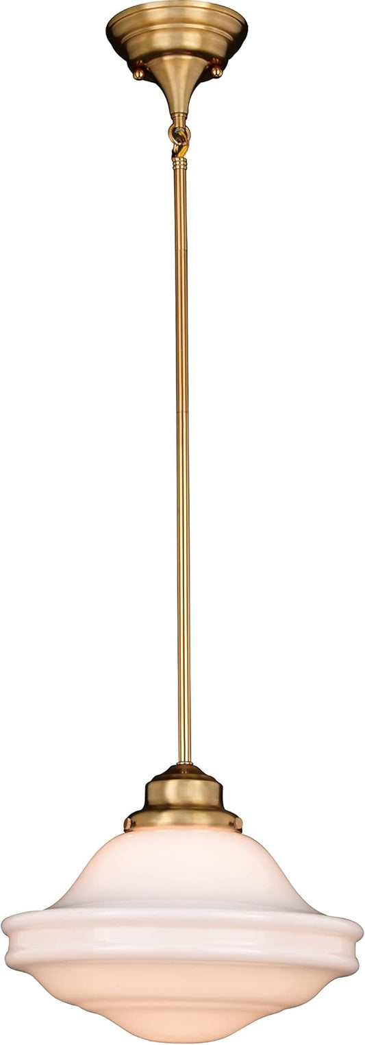 VAXCEL Huntley 12 inch Adjustable Semi-Flush Ceiling Pendant Light, Farmhouse Schoolhouse Style, Natural Brass Finish, White Milk Glass, Dimmable E26 Bulb Compatible, Damp Rated