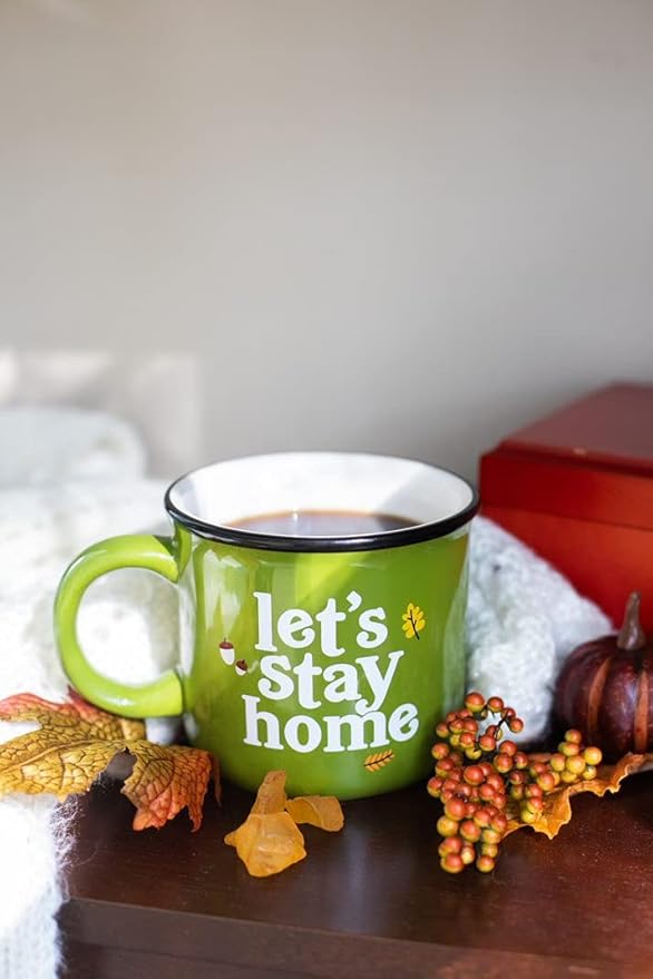 Pearhead Let's Stay Home Ceramic Mug, Autumn Accessories, Fall Holiday Kitchen Decor, Coffee or Tea Cup, Green, 15oz