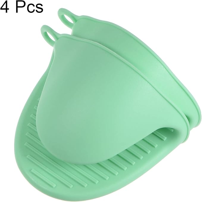 HARFINGTON 4pcs Thickened Mini Oven Gloves, Heat Resistant Silicone Oven Mitts Finger Pinch Grips Pot Holder for Kitchen, Cooking, Baking, BBQ Heat Resistant Gloves, Light Green