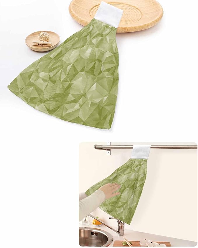 Alandar Home Kitchen Tie Towel Set of 1, Sage Green Geometric Art Absorbent Soft Hand Towels for Bathroom Hanging Towels, Abstract Modern Patterns Fast Drying Cleaning Cloth with Loop