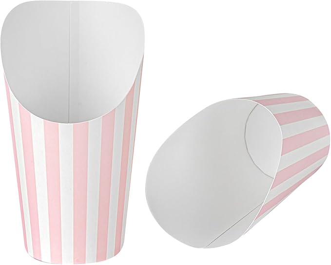 Bio Tek 16 Ounce French Fry Containers, 100 Disposable Charcuterie Cups - Incline Design, Round, Striped Paper French Fry Cups, Stackable, For Waffles, Chips, or Popcorn - Restaurantware