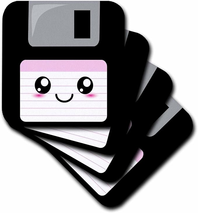 3dRose CST_57453_1 Kawaii Cute Happy Floppy Disk Retro Computer Nerd Japanese Anime Smiley Cartoon with Pink Label Soft Coasters (Set of 4)