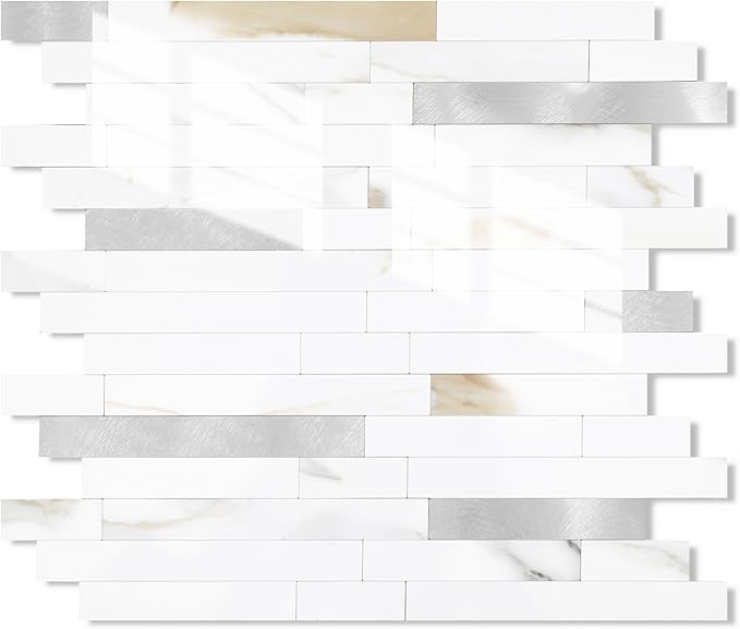 Yipscazo 10 Sheets Peel and Stick Stone Metal Tile Backsplash, Stick on Tiles for Backsplash Kitchen, Bathroom, Laundry Room, Camper, Fireplace (12'' X 12'', Polished Marble)