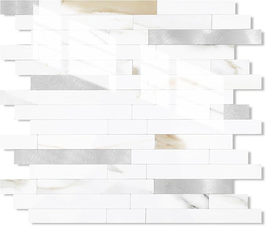Yipscazo 10 Sheets Peel and Stick Stone Metal Tile Backsplash, Stick on Tiles for Backsplash Kitchen, Bathroom, Laundry Room, Camper, Fireplace (12'' X 12'', Polished Marble)