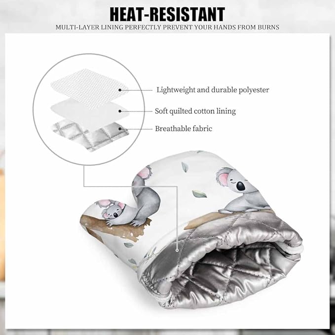 Mxocom Cute Koalas Oven Mitts and Pot Holders Sets Kawaii Baby Koala Mom Koala Tropical Leaves Silicone Heat Resistant Kitchen Oven Gloves Pot Holder for Cooking