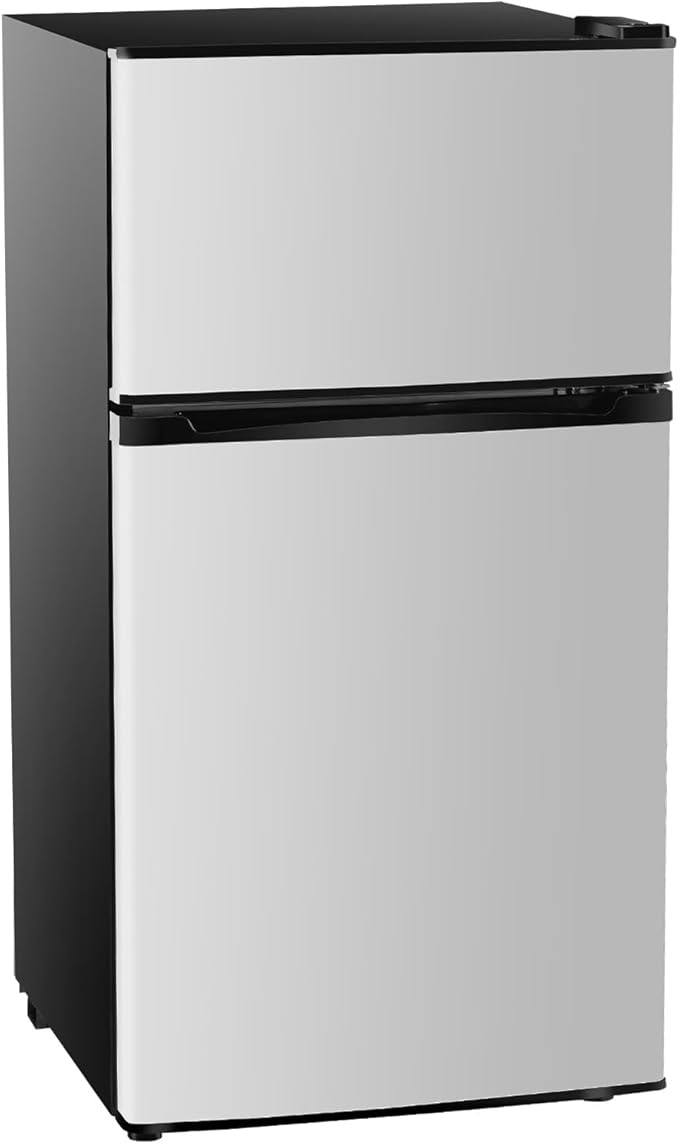 Sweetcrispy 3.2 Cu.Ft Mini Fridge with Freezer, 2 Door Small Refrigerator with Adjustable Thermostat Energy-efficient Low Noise, Compact Fridge for Bedroom, Office, Dorm, Silver