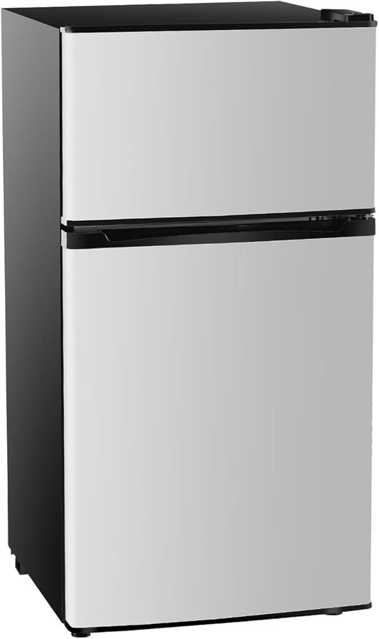 Sweetcrispy 3.2 Cu.Ft Mini Fridge with Freezer, 2 Door Small Refrigerator with Adjustable Thermostat Energy-efficient Low Noise, Compact Fridge for Bedroom, Office, Dorm, Silver