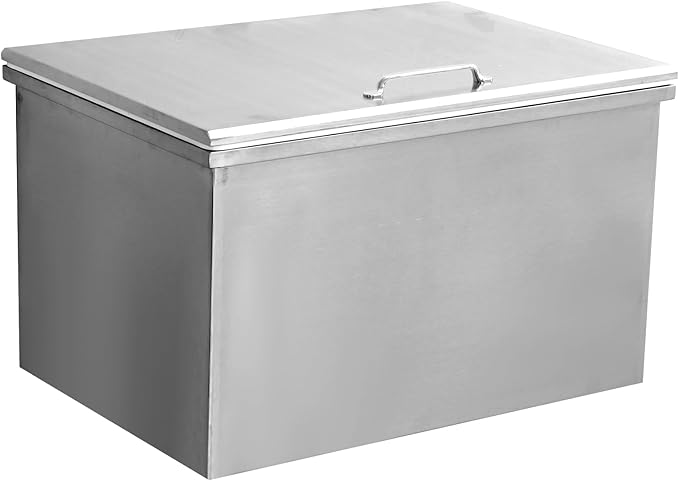 Drop in Ice Chest, 20''L x 14''W x 13''H Stainless Steel Ice Cooler, Commercial Ice Bin with Hinged Cover, 32QT Outdoor Kitchen Ice Bar, Drain-Pipe and Drain Plug Included, Ice Bin for Cold Wine Beer