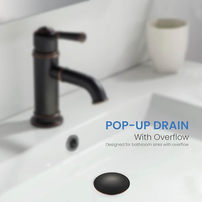 KIBI Bathroom Sink Pop-Up Drain with Overflow (Full Cover) | Lavatory Vanity Drain Stopper | Durable Leak-Proof Sink Drain for Bathroom, Kitchen, and Lavatories | Oil Rubbed Bronze, KPW102