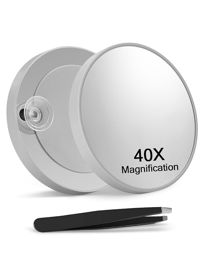 Macaki 40X Magnifying Mirror with 2 Suction Cups, 3.5 inches Magnified Makeup Mirror and Slant Tweezers,Grey,1PC