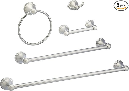 Amazon Basics 5 Piece Bathroom Hardware Set, Satin Nickel, Towel Bar, Toilet Paper Holder, Towel Ring, Robe Hook, AB-BR817-SN