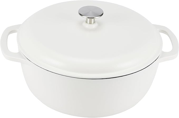 Amazon Basics Enameled Cast Iron Dutch Oven Pot with Lid, Round, Dual Handles, Heavy-Duty, Oven Safe for Stews, Roasting, Baking, 7.3-Quart, Matte White