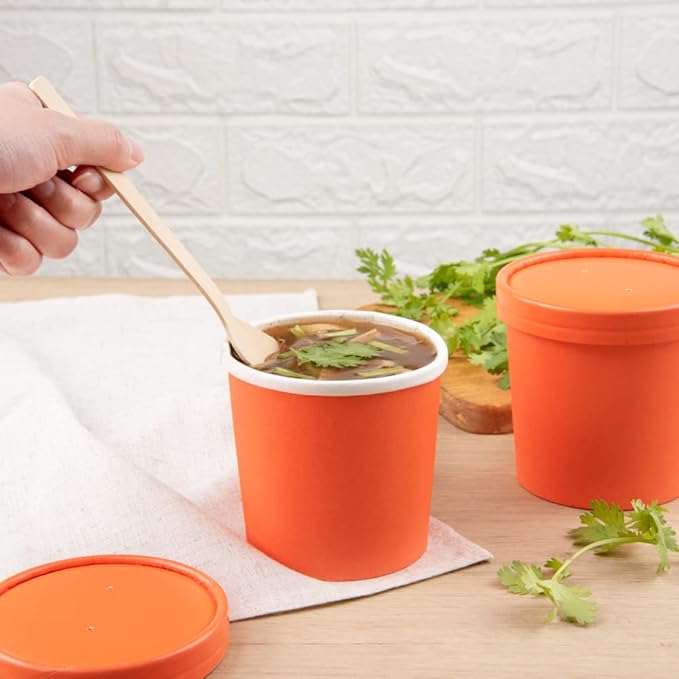 Restaurantware Bio Tek 12 Ounce Disposable Soup Cups 200 Microwavable Paper Soup Cups - Vented Lids Sold Separately Hot And Cold Foods Orange Paper To Go Soup Containers For Desserts Or Treats