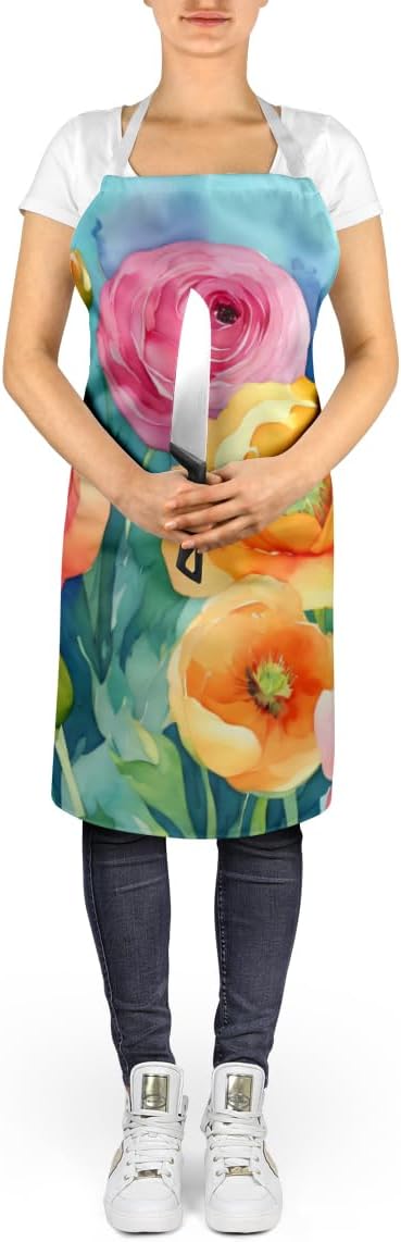 Caroline's Treasures Ranunculus in Watercolor Apron Cooking Kitchen Server Baking Crafts Gardening for Adult Women Men, Unisex, Large, Multicolor