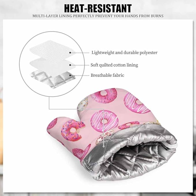 Mxocom Watercolor Donuts Silicone Oven Mitts and Pot Holders Sets Pink Donuts Background BBQ Gloves for Kitchen,Cooking,Baking,Grilling