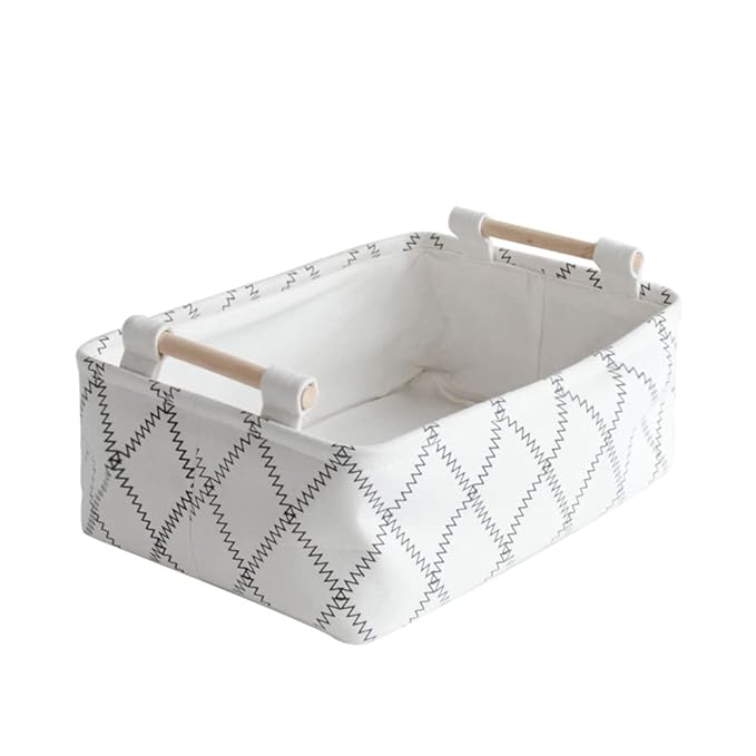 Decorative Collapsible Rectangular Fabric Storage Bin Organizer Basket with Wooden Handles for Clothes Storage,15.4x10.6x5.1 inch,White