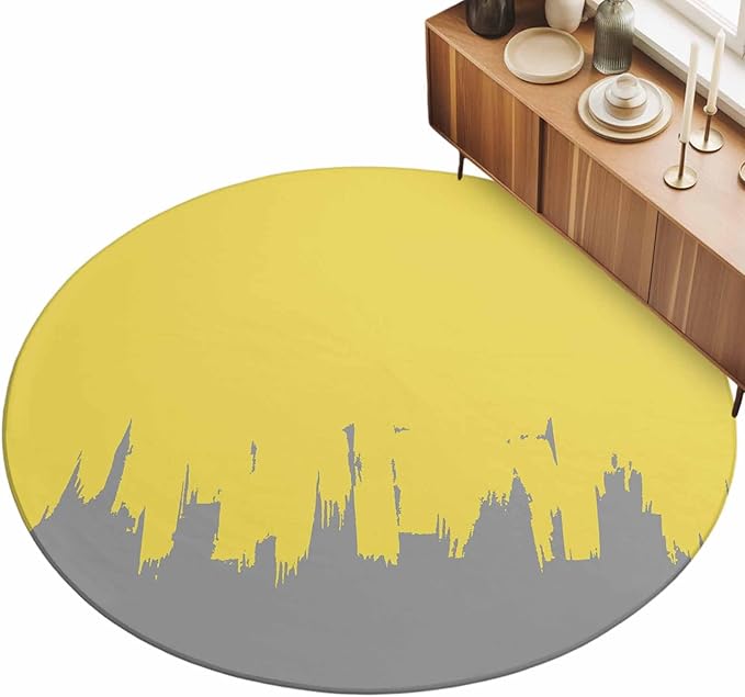 Washable Round Area Rug Abstract Yellow Grey Graffiti Circle Rugs Floor Carpet for Living Room Bedroom, Oil Painting Artwork Soft Non Slip Round Rug 3ft
