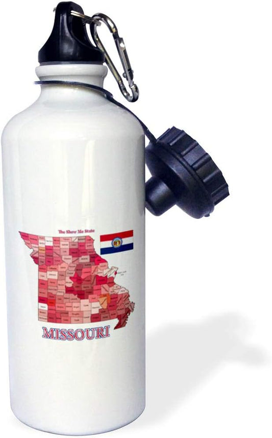 3dRose Map and Flag of Missouri with State Nickname. All Counties Labeled-Sports Water Bottle, 21oz , 21 oz, Multicolor