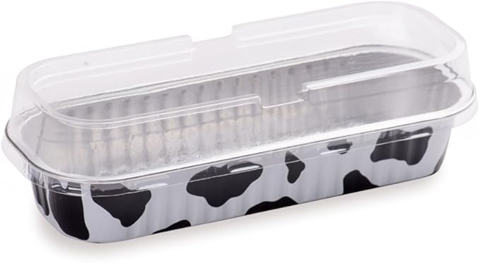 Restaurantware-6.5 x 2.6 x 1.2 Inch Disposable Loaf Pans With Lids, 100 Rectangle Disposable Bread Pans - Dome Lid, Oven-Safe, Cow Print Aluminum Meatloaf Pan, Freezable, For Baking And Serving