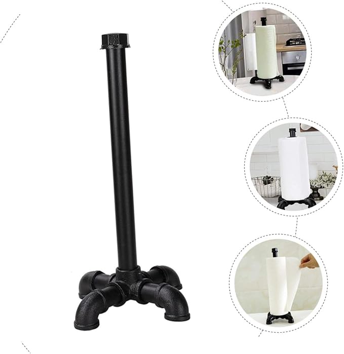 OSALADI Industrial Style Water Pipe Paper Towel Holder Vintage Black Kitchen Tissue Rack Weighted Base Suitable for Home and Restaurant Use