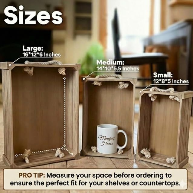 Set of 3 Rustic Nested Wooden Crates with Rope Handles - Decorative Farmhouse Storage Boxes for Kitchen, Living Room & Bathroom - Modern Wood Grain Home Organization