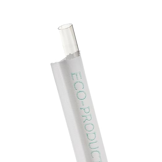 Eco-Products Compostable Paper Wrapped Plastic Straws, 7.75" Long, 8mm Diameter, Box of 300, Clear Disposable Plant Based PLA Plastic, Standard Sized Drinking Straws, ASTM Compliant, BPI-Certified