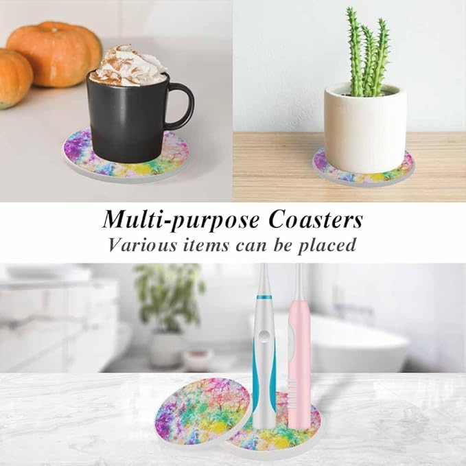 Tie Dye Coasters for Drinks Rainbow Splash Tie Dye Pattern Absorbent Ceramic Drink Coaster for Coffee Wooden Table Home Decor Set of 2