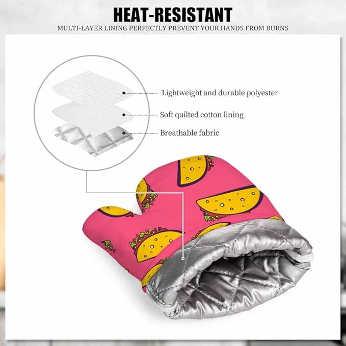 Mxocom Mexican Taco Silicone Oven Mitts and Pot Holders Sets Cute Cartoon on Pink Background BBQ Gloves for Kitchen,Cooking,Baking,Grilling