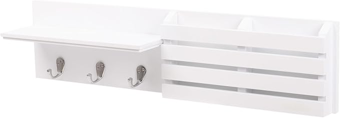 Kiera Grace Sydney Floating Shelf, Modern Wall Mounted Shelf with 3 Metal Hooks and Mail Holder for Home, Office, 24", White, 1Pack