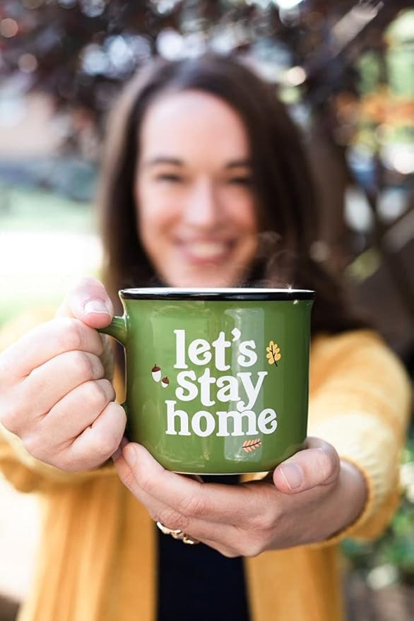 Pearhead Let's Stay Home Ceramic Mug, Autumn Accessories, Fall Holiday Kitchen Decor, Coffee or Tea Cup, Green, 15oz