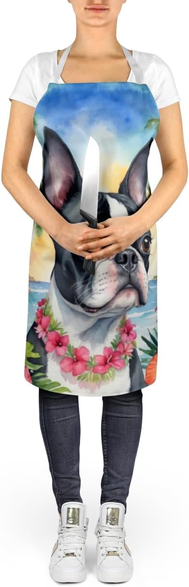 Caroline's Treasures Boston Terrier Luau Apron Cooking Kitchen Server Baking Crafts Gardening for Adult Women Men, Unisex, Large, Multicolor