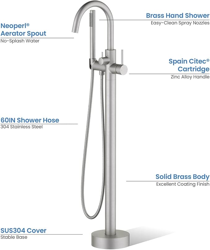KIBI Circular Floor Mount Tub Filler with Hand Shower in Brushed Nickel | Solid Brass Single Handle Freestanding Bathtub Faucet with 360° Swivel Spout, Modern Bath Faucet for Tub and Shower (KTF301BN)