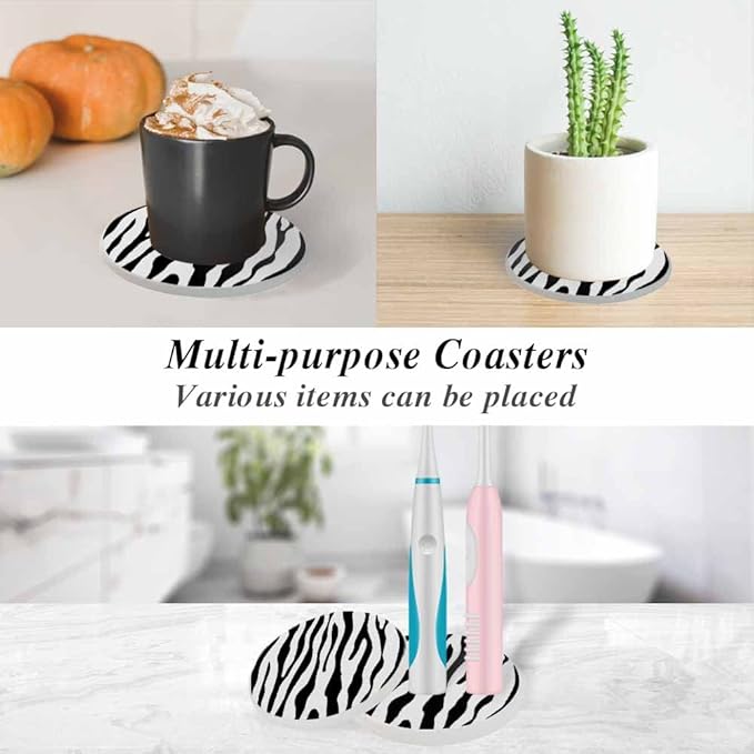 oFloral Black White Coasters for Drinks Zebra Stripe Animal Skin Textures Trendy Cups Place Mats for Home Decor Set of 2, 4 Inch