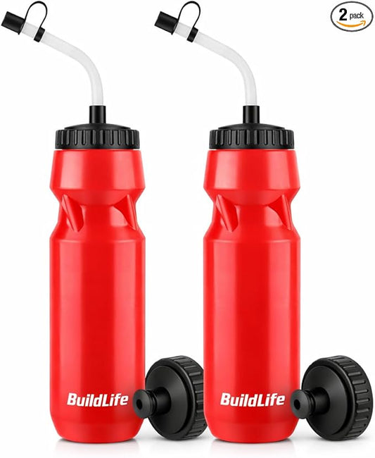 BuildLife 2 Pack Sports Water Bottle - Hockey Water Bottle with Long Straw and 2 lids (Straw and Squeeze) for Helmet Sports Hockey, Lacrosse, Football, Boxing, BPA Free,Dishwash Safe (Red)