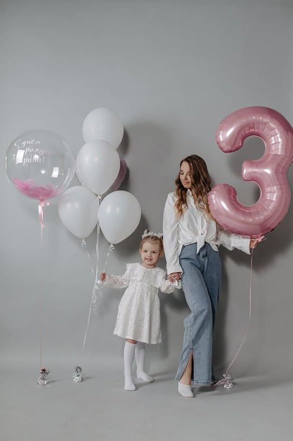 40 Inch Numbers 3 Balloon, Three Pearl Pink Happy Birthday Balloons for Girls Boys Babies, Number Balloons 3rd for 3 13 23 30 Wedding Bridal Shower Anniversaries Party