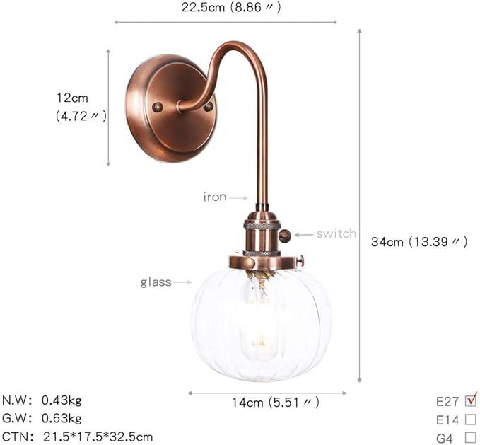 Wall Lamps, Nordic Creative Iron Sconce Lighting with Switch, Clear Glass Lampshade Metal Wall Lights for Bedroom Living Room(Color:E)