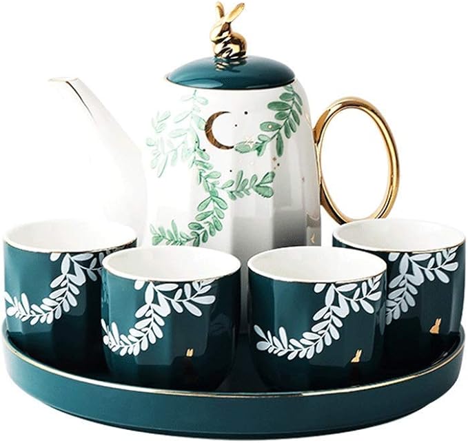 Green Tea Set Cups and Mugs Home Nordic Teapot Living Room Ceramics Water Fixture Five-Piece with Tray Teaware Sets,