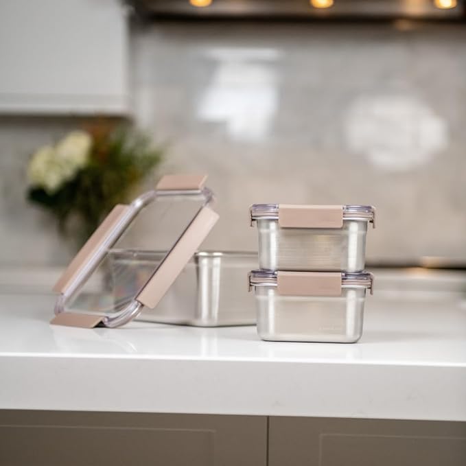 LocknLock Stainless Steel Food Storage Containers with Lids, Metal Lunch Boxes, Leak-Proof, Microwave, Freezer and Dishwasher Safe, 3-Piece Set, 2 x 520ml and 1 x 1400ml
