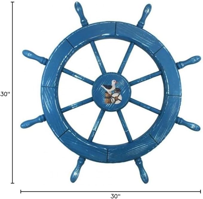 Hampton Nautical Wheel-30-100-seagull Wooden Rustic Decorative Ship Wheel with Seagull, 30", Light Blue