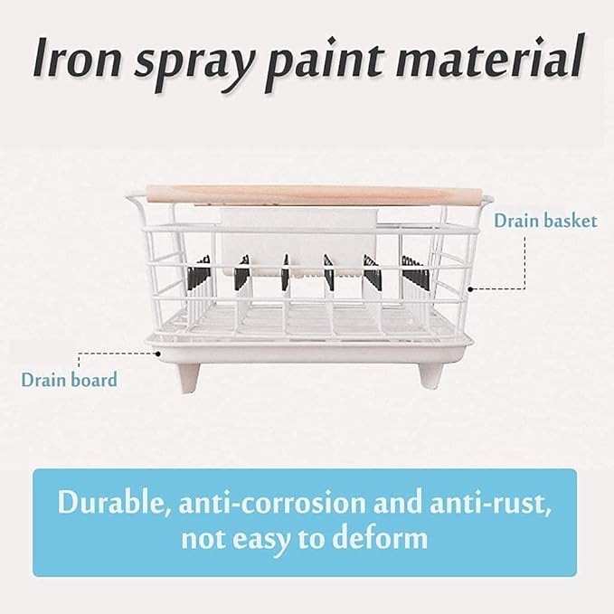Anti Rust Dish Drainer Rack Small Drainer with Removable Drain Board and Swivel Spout Utensil Holder for Kitchen Counter and Sink Wood Handle Cutlery Basket Drain Shelf