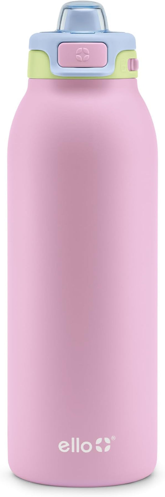 Ello Pop & Fill 40oz Stainless Steel Water Bottle with Quick Fill Technology, Double Walled and Vacuum Insulated Metal, Leak Proof Locking Lid, Sip and Chug, Reusable, BPA Free, Rosy Skyline